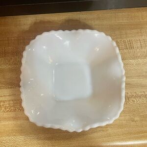 Vintage 6" Square Bowl Milk Glass Ruffled Hobnail Diamond Scalloped Candy Dish